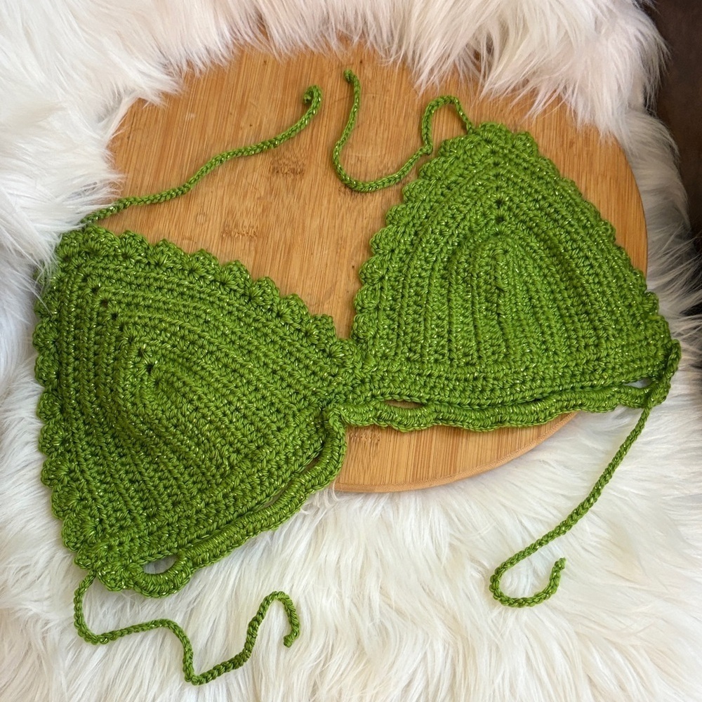 Handmade Cropped Top Crochet Bikini Green Metallic Festival Fashion Small - Picture 3 of 8